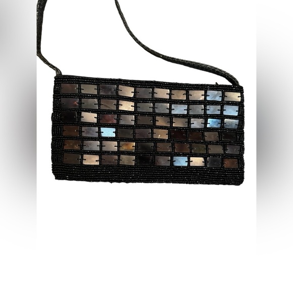 Vintage elegant mother of Pearl squares black evening bag purse beaded handbag - Picture 1 of 9